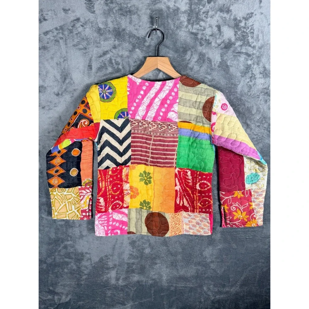 Womens Quilted Patchwork Kantha Jacket Boho Hippie Multicolor Art To Wear Coat - Picture 2 of 5